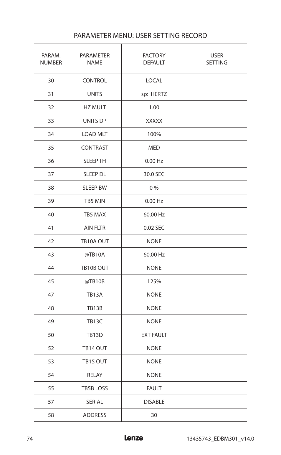 Parameter menu: user setting record | Lenze MC3000 Series User Manual | Page 78 / 84