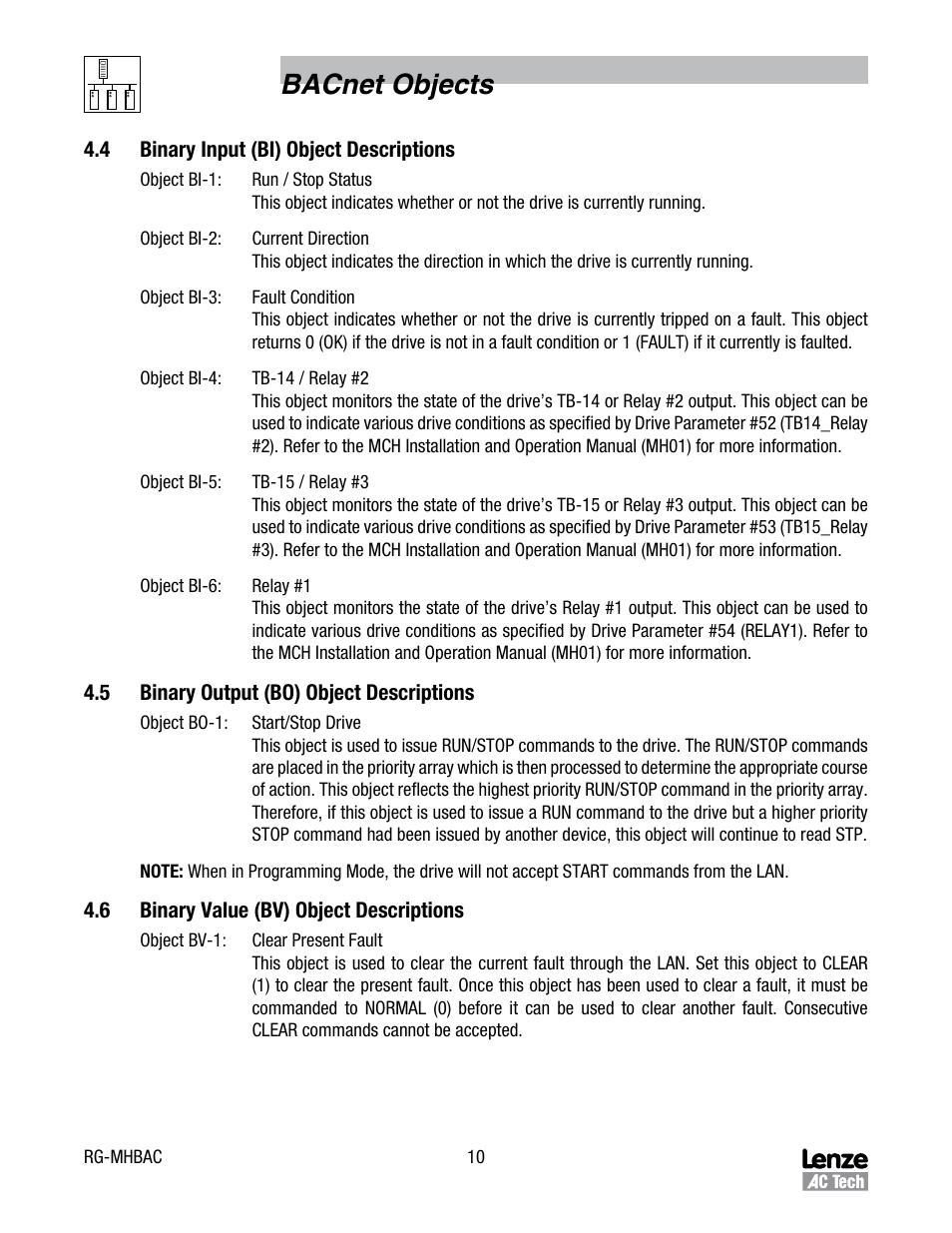 4 binary input (bi) object descriptions, 5 binary output (bo) object descriptions, 6 binary value (bv) object descriptions | Binary input (bi) object descriptions, Binary output (bo) object descriptions, Binary value (bv) object descriptions, Bacnet objects | Lenze MCH Series Drives User Manual | Page 13 / 17