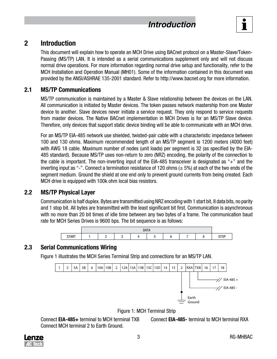 2 introduction, 1 ms/tp communications, 2 ms/tp physical layer | 3 serial communications wiring, Ms/tp communications, Ms/tp physical layer, Serial communications wiring, Introduction, 2introduction | Lenze MCH Series Drives User Manual | Page 6 / 17
