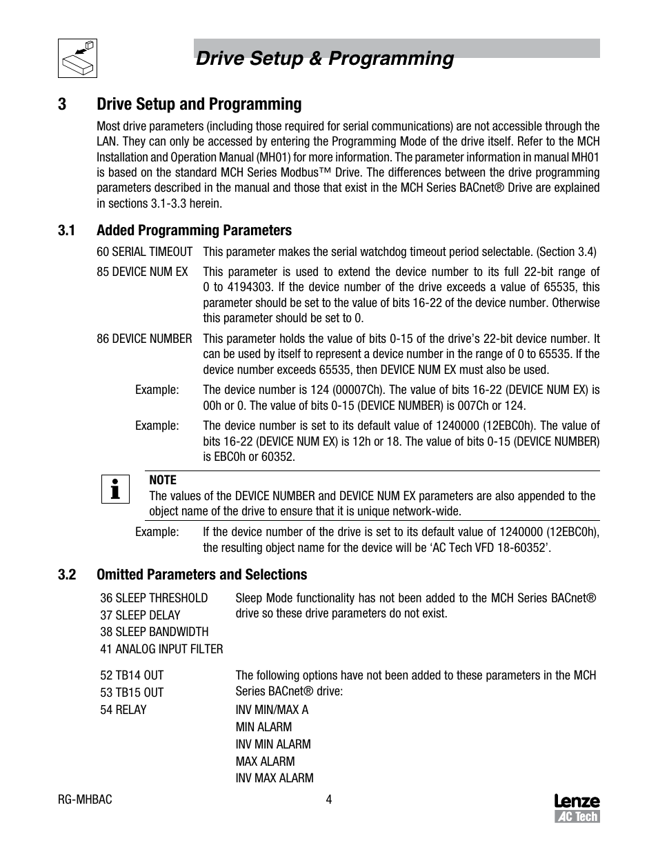 3 drive setup and programming, 1 added programming parameters, 2 omitted parameters and selections | Added programming parameters, Omitted parameters and selections, Drive setup & programming, 3drive setup and programming | Lenze MCH Series Drives User Manual | Page 7 / 17