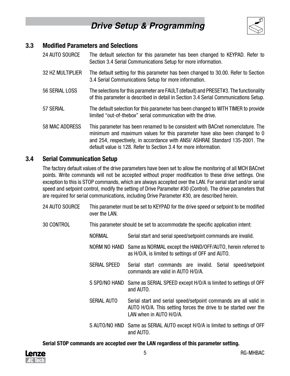 3 modified parameters and selections, 4 serial communication setup, Modified parameters and selections | Serial communication setup, Drive setup & programming | Lenze MCH Series Drives User Manual | Page 8 / 17