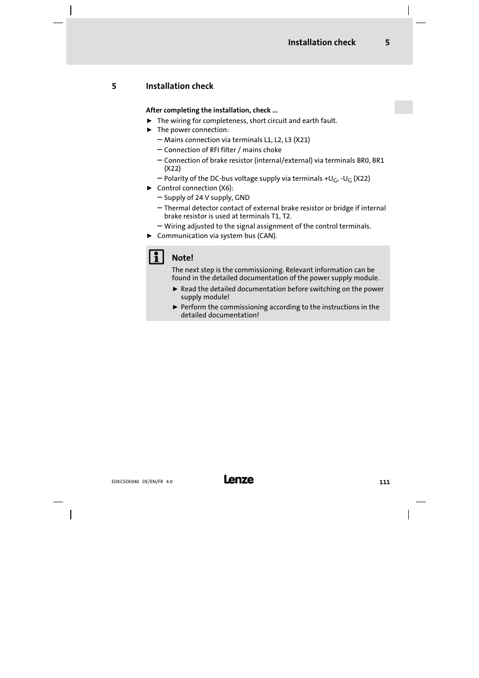 5 installation check, Installation check | Lenze ECSDExxx User Manual | Page 111 / 170