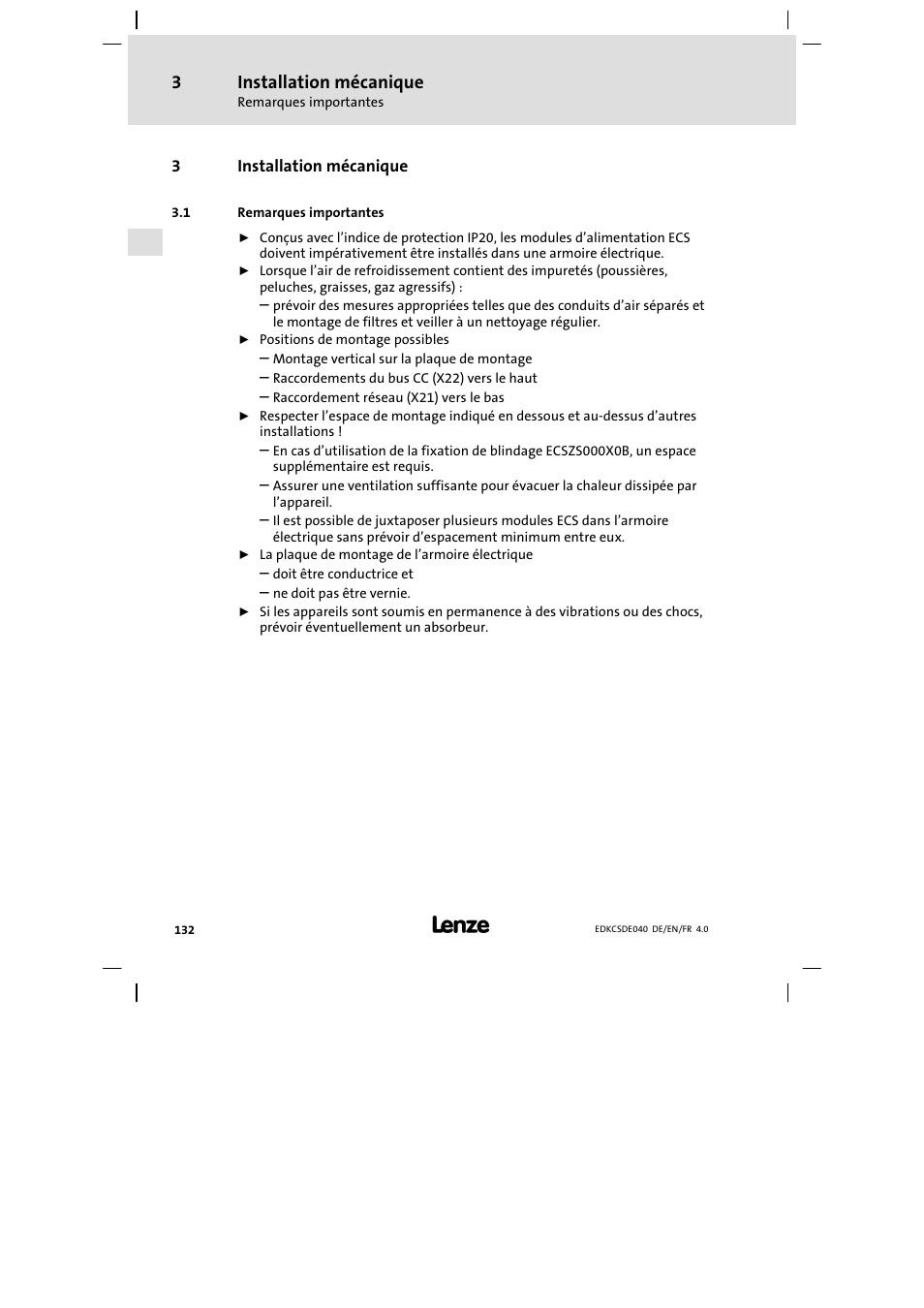 3 installation mécanique, Remarques importantes, Installation mécanique | Lenze ECSDExxx User Manual | Page 132 / 170