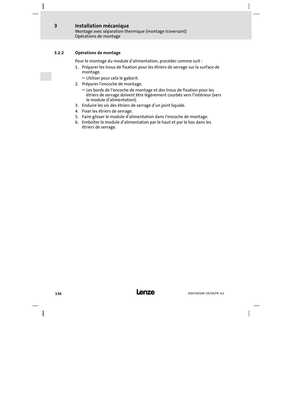 Opérations de montage | Lenze ECSDExxx User Manual | Page 136 / 170