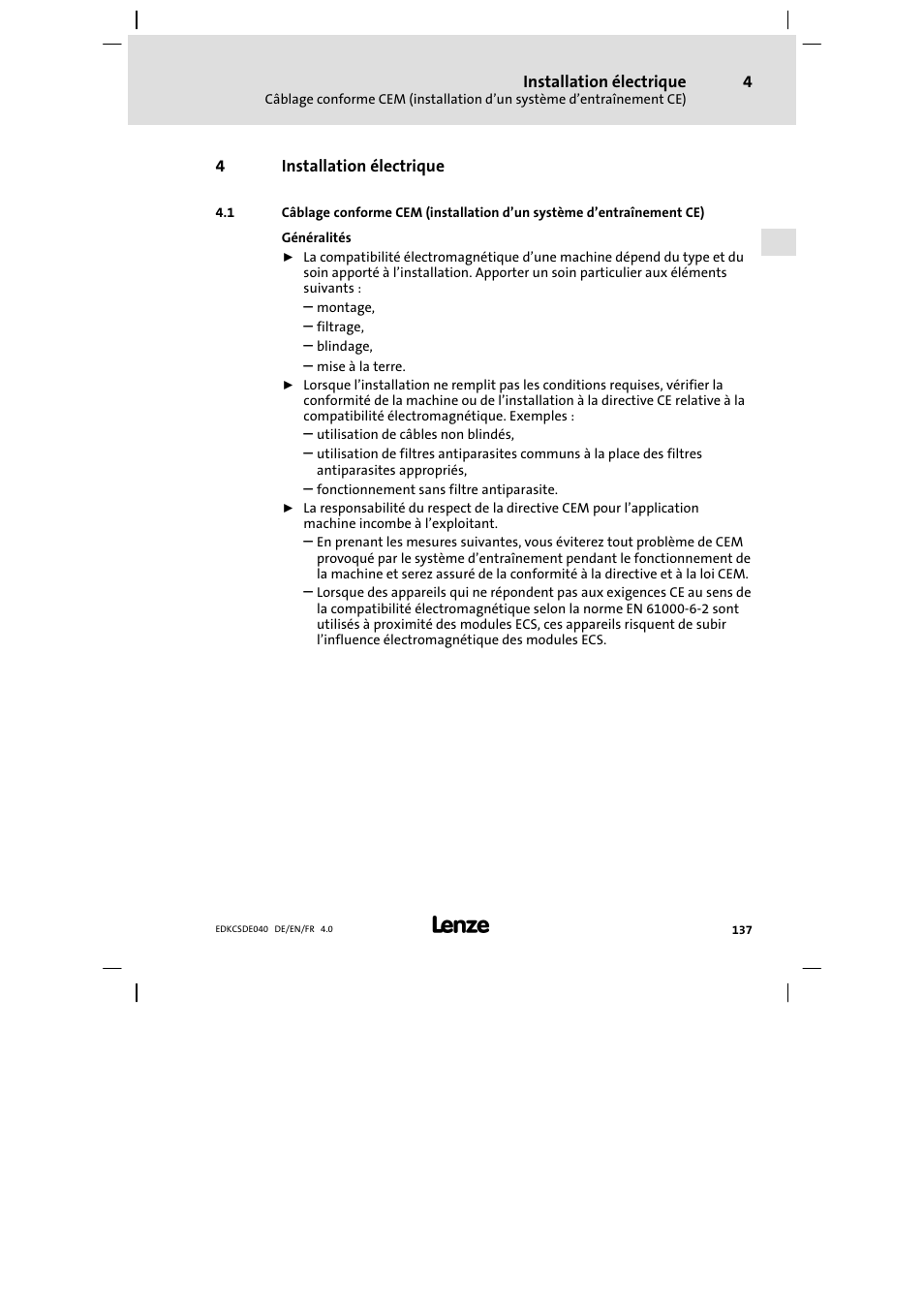 4 installation électrique, Installation électrique | Lenze ECSDExxx User Manual | Page 137 / 170