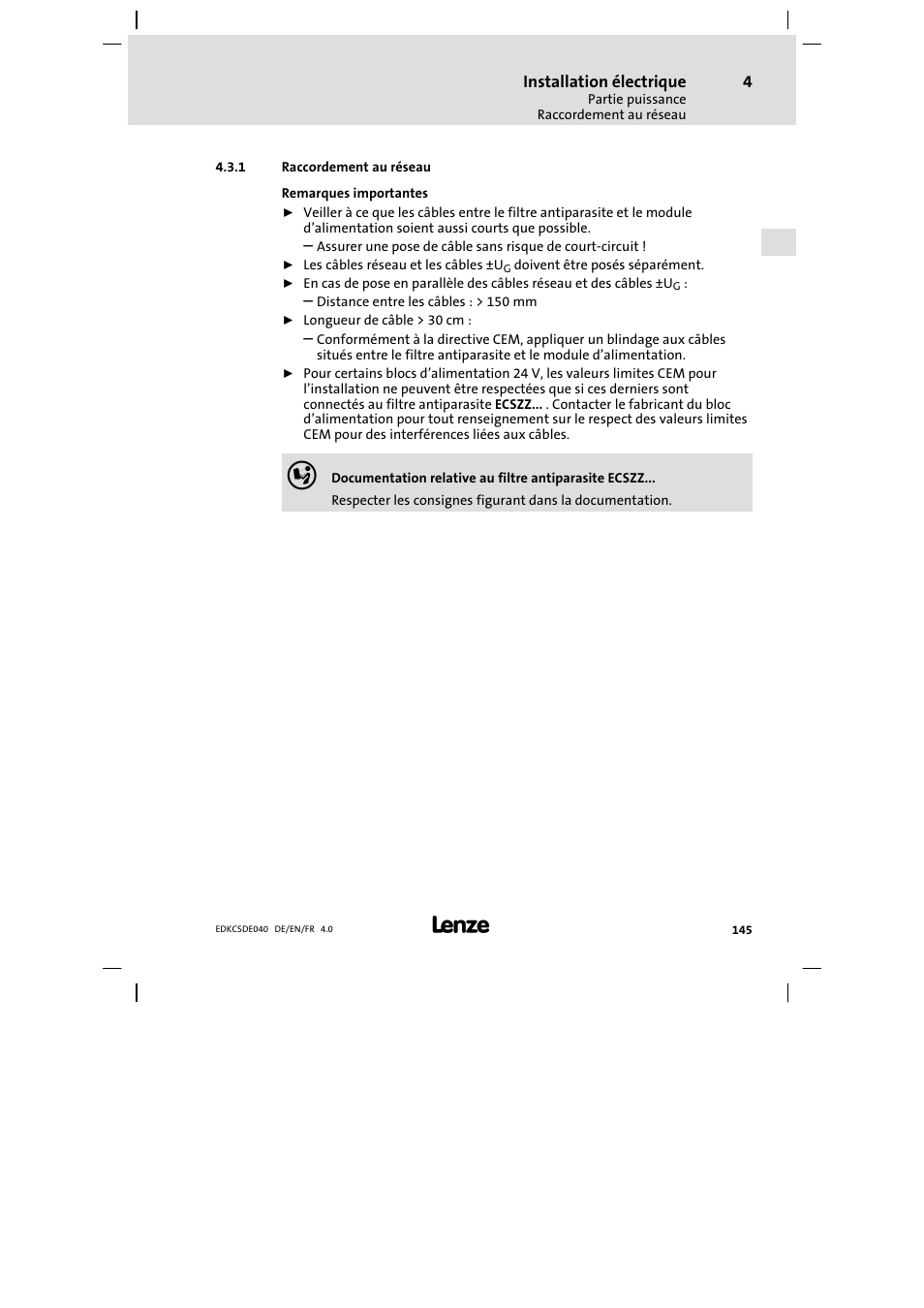 Raccordement au réseau | Lenze ECSDExxx User Manual | Page 145 / 170