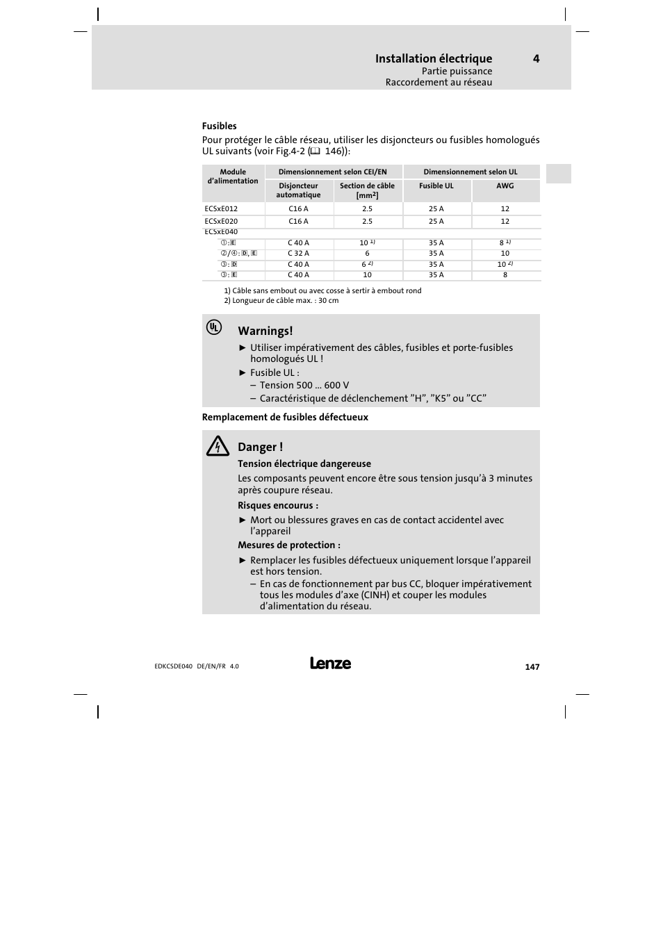 Installation électrique, Warnings, Danger | Lenze ECSDExxx User Manual | Page 147 / 170