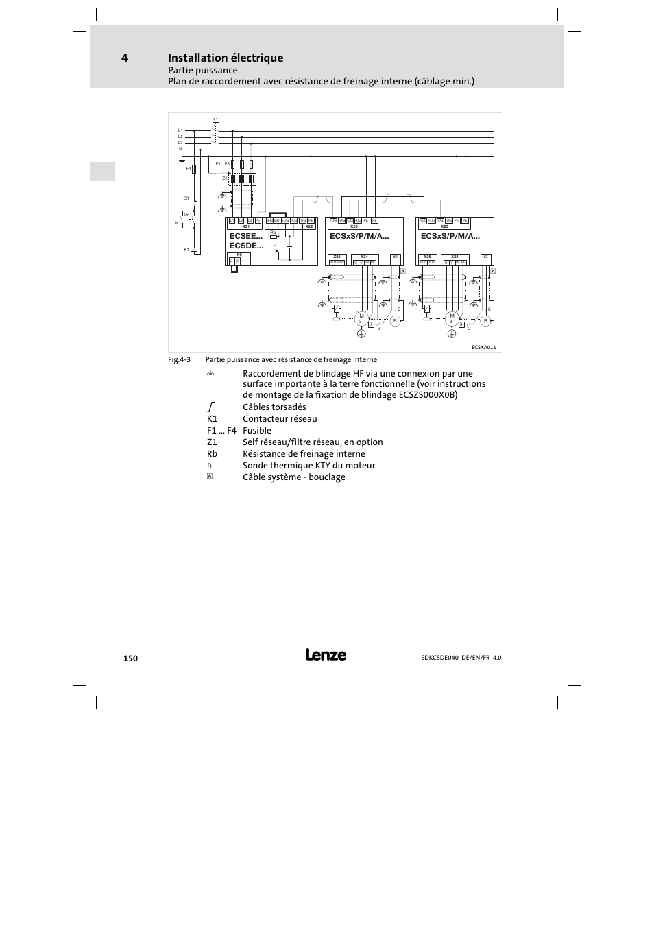 Installation électrique, Sonde thermique kty du moteur, Câble système − bouclage | Lenze ECSDExxx User Manual | Page 150 / 170