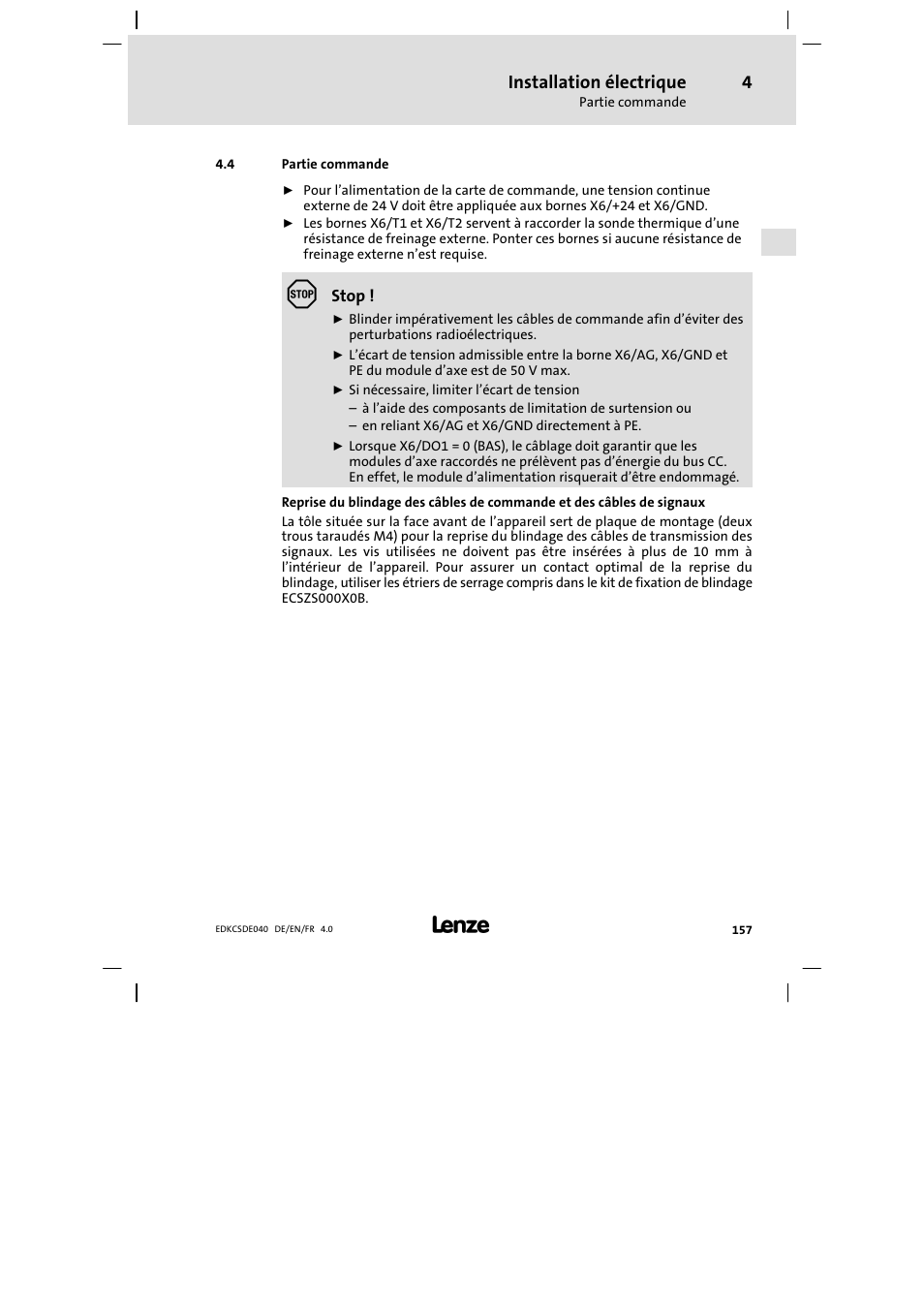 Partie commande, Installation électrique | Lenze ECSDExxx User Manual | Page 157 / 170