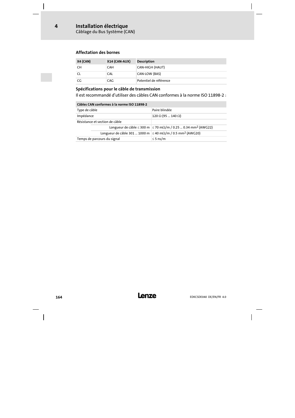 Installation électrique | Lenze ECSDExxx User Manual | Page 164 / 170