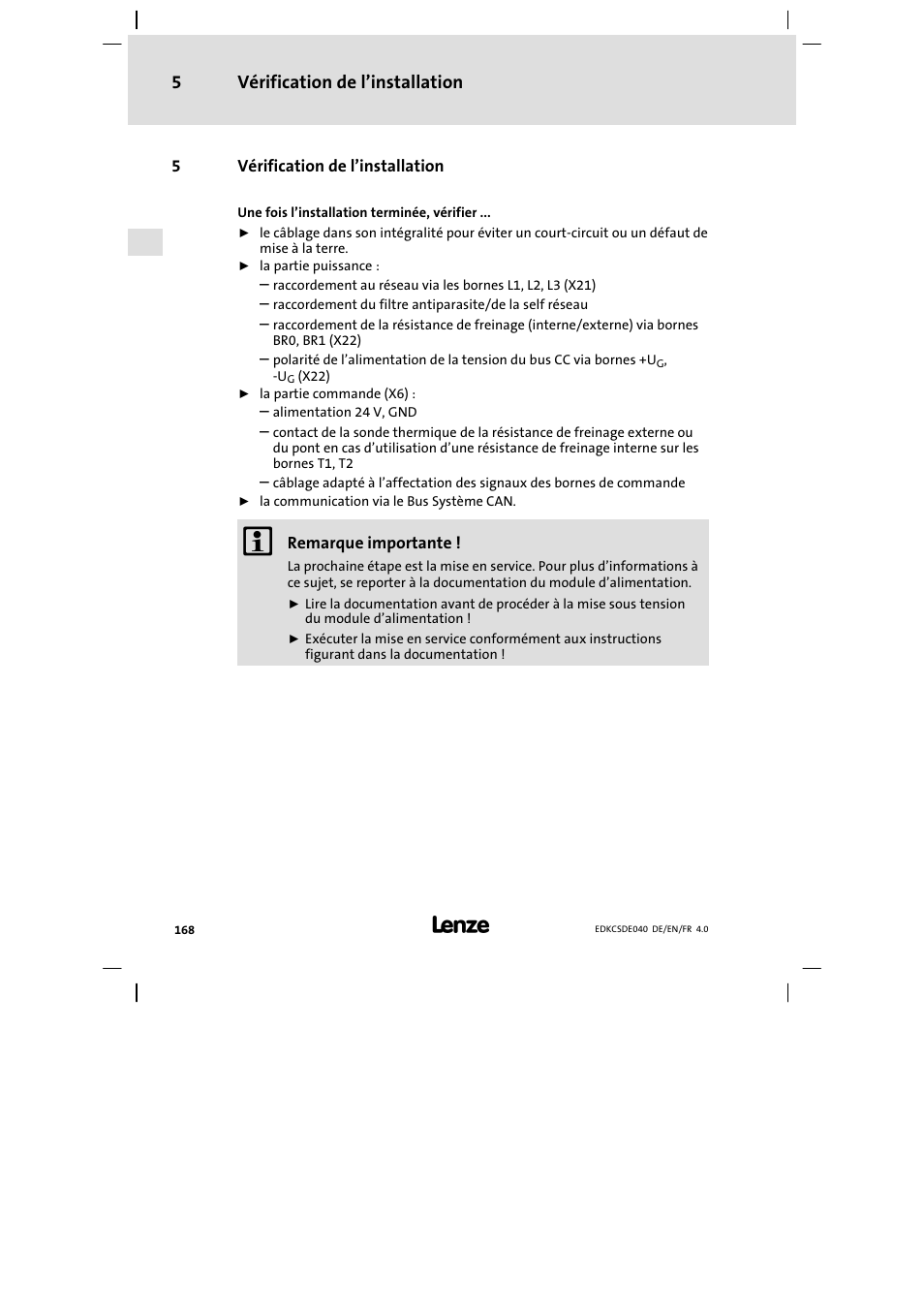 5 vérification de l'installation, Vérification de l’installation, Vérification de l’installation 5 | Lenze ECSDExxx User Manual | Page 168 / 170