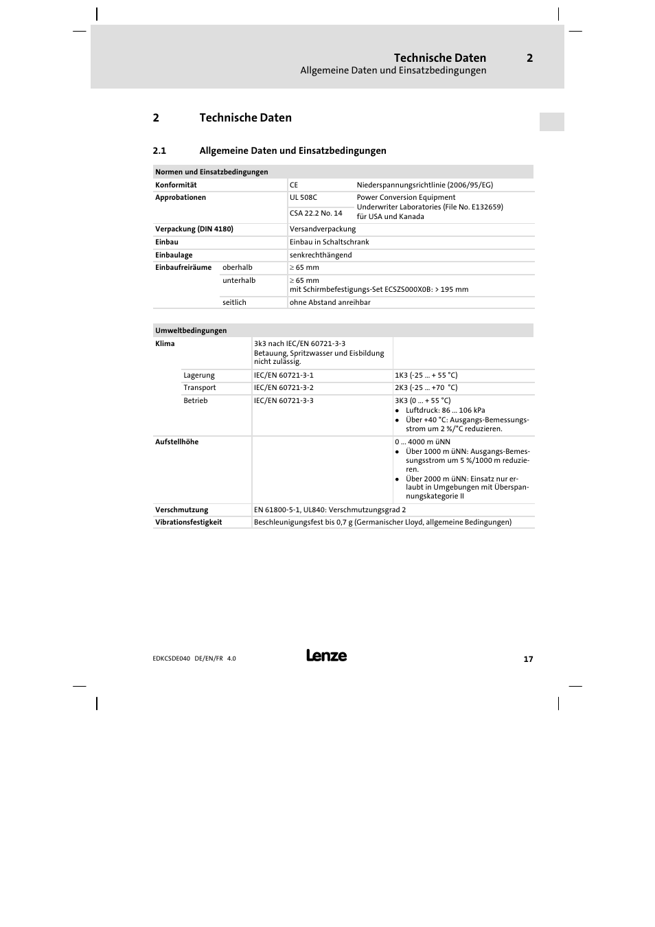 2 technische daten, Allgemeine daten und einsatzbedingungen, Technische daten | 2technische daten | Lenze ECSDExxx User Manual | Page 17 / 170