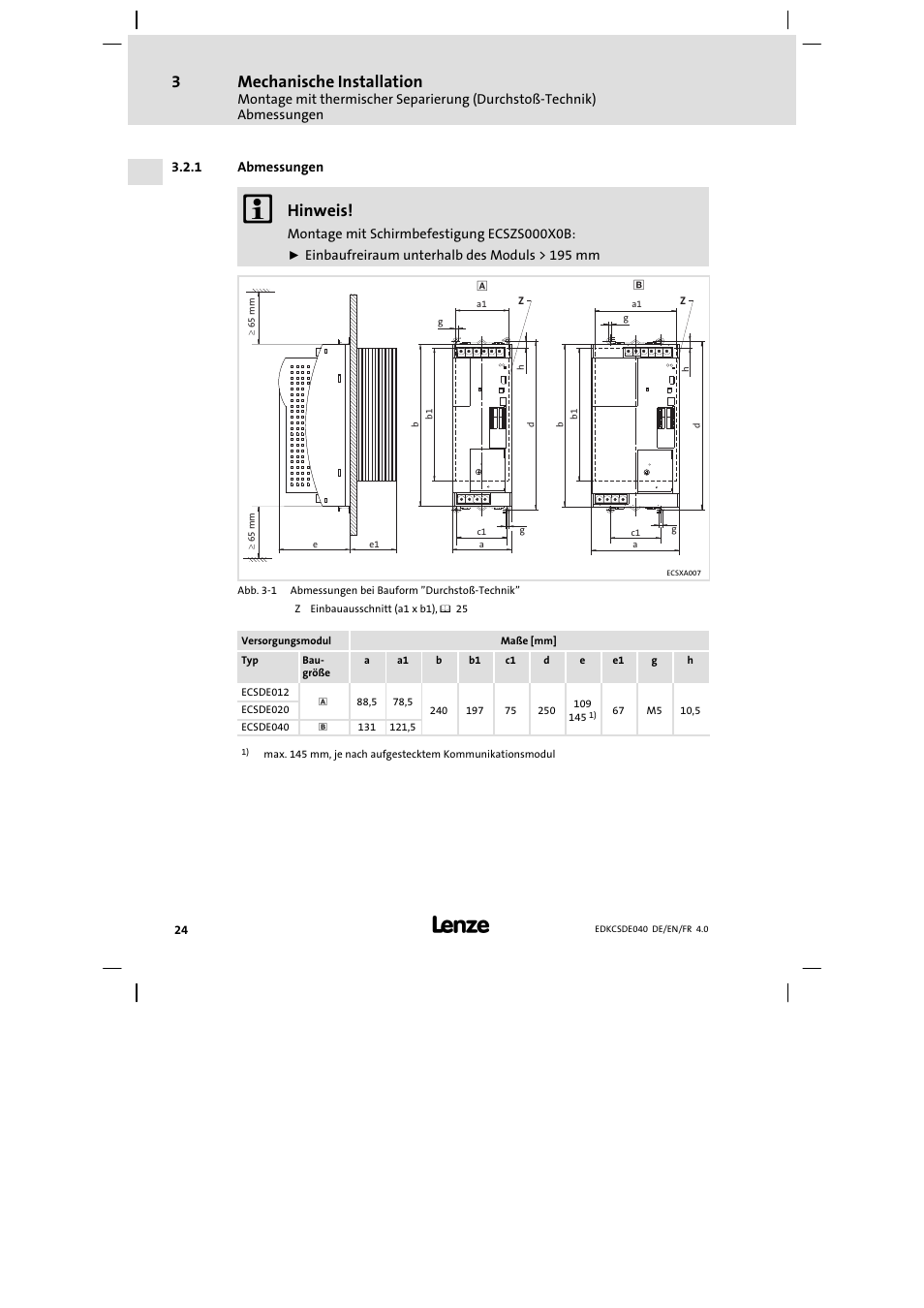 Abmessungen, Mechanische installation, Hinweis | Lenze ECSDExxx User Manual | Page 24 / 170