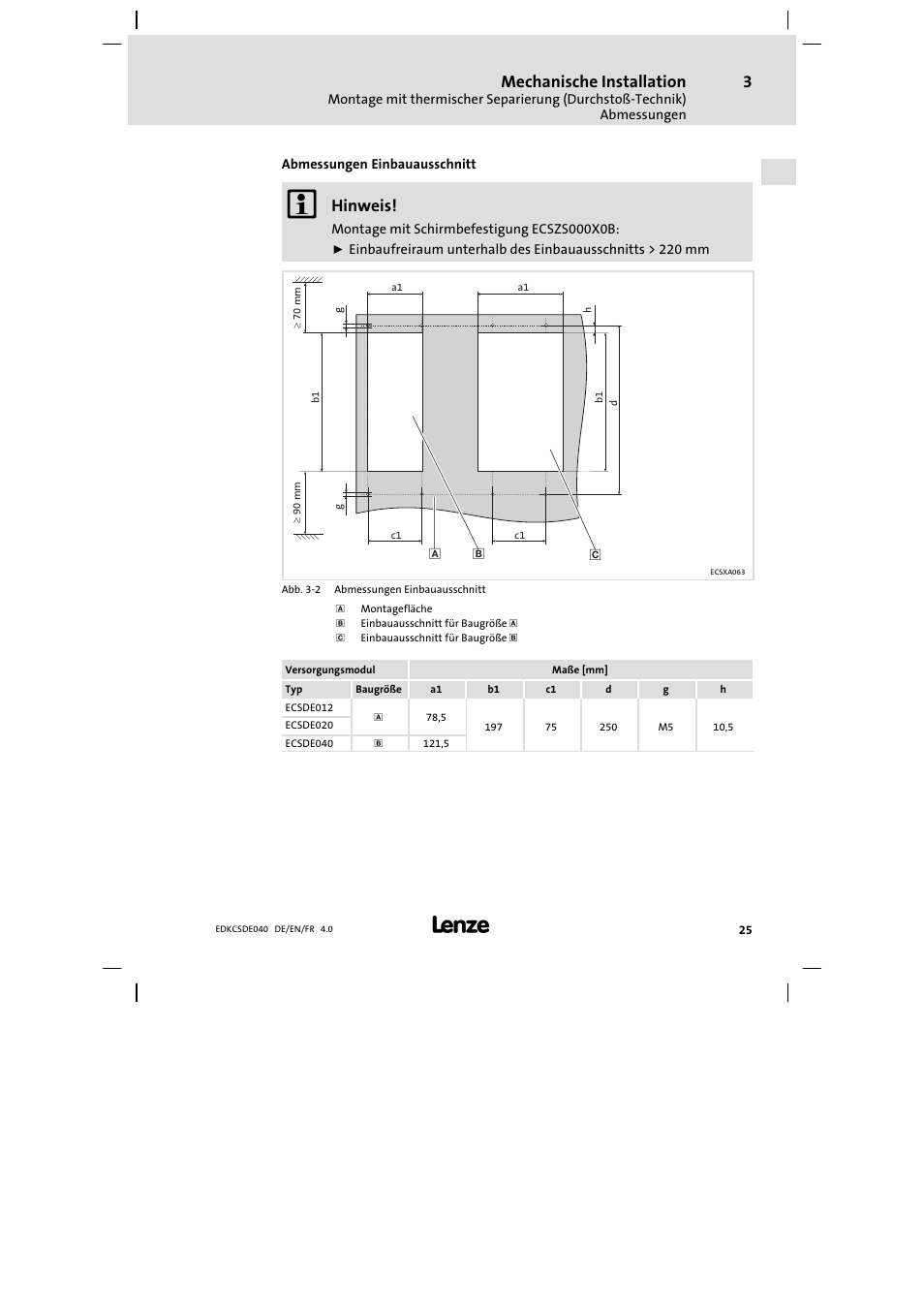 Mechanische installation, Hinweis | Lenze ECSDExxx User Manual | Page 25 / 170