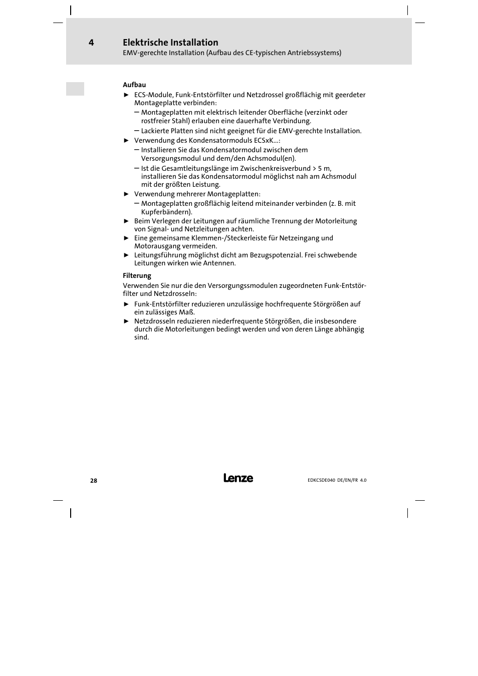 Elektrische installation | Lenze ECSDExxx User Manual | Page 28 / 170