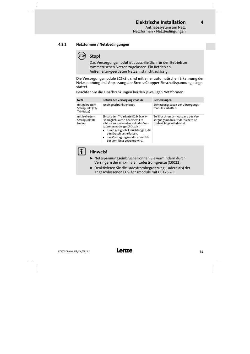 Netzformen / netzbedingungen, Elektrische installation | Lenze ECSDExxx User Manual | Page 31 / 170