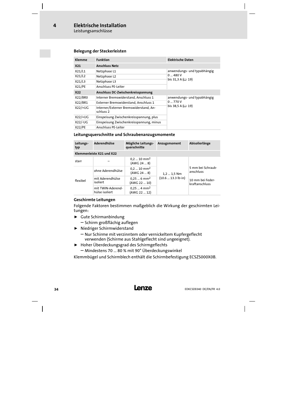 Elektrische installation | Lenze ECSDExxx User Manual | Page 34 / 170