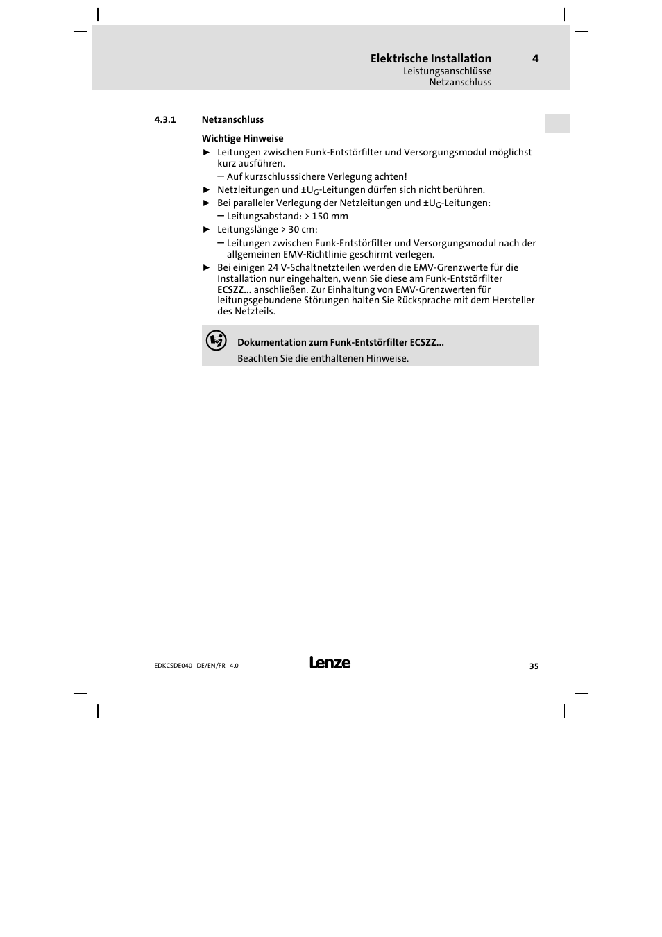 Netzanschluss | Lenze ECSDExxx User Manual | Page 35 / 170