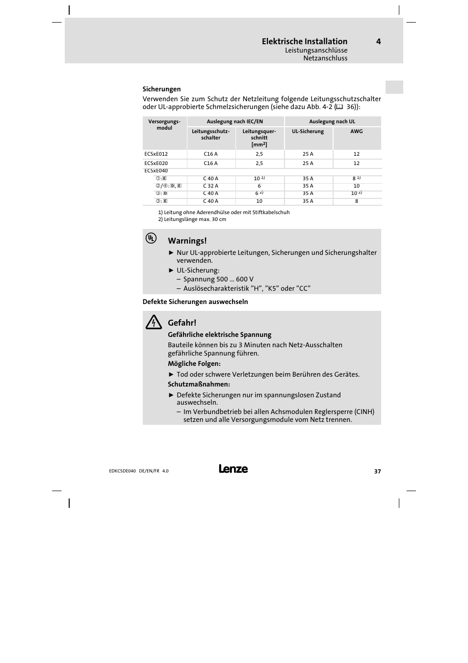 Elektrische installation, Warnings, Gefahr | Lenze ECSDExxx User Manual | Page 37 / 170