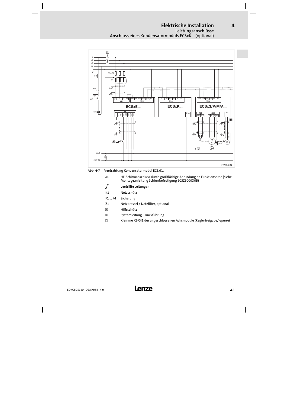 Elektrische installation, Ecsxk, Ecsxe | Ecsxs/p/m/a | Lenze ECSDExxx User Manual | Page 45 / 170