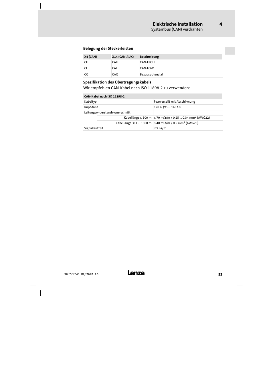 Elektrische installation | Lenze ECSDExxx User Manual | Page 53 / 170