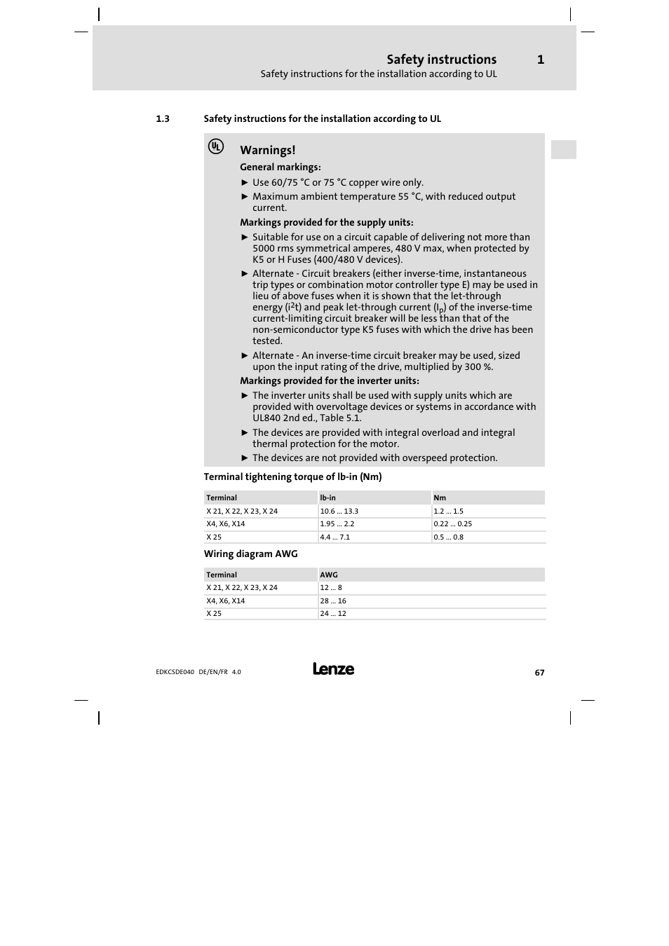 Safety instructions, Warnings | Lenze ECSDExxx User Manual | Page 67 / 170