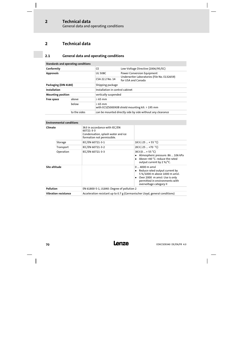 2 technical data, General data and operating conditions, Technical data | 2technical data | Lenze ECSDExxx User Manual | Page 70 / 170