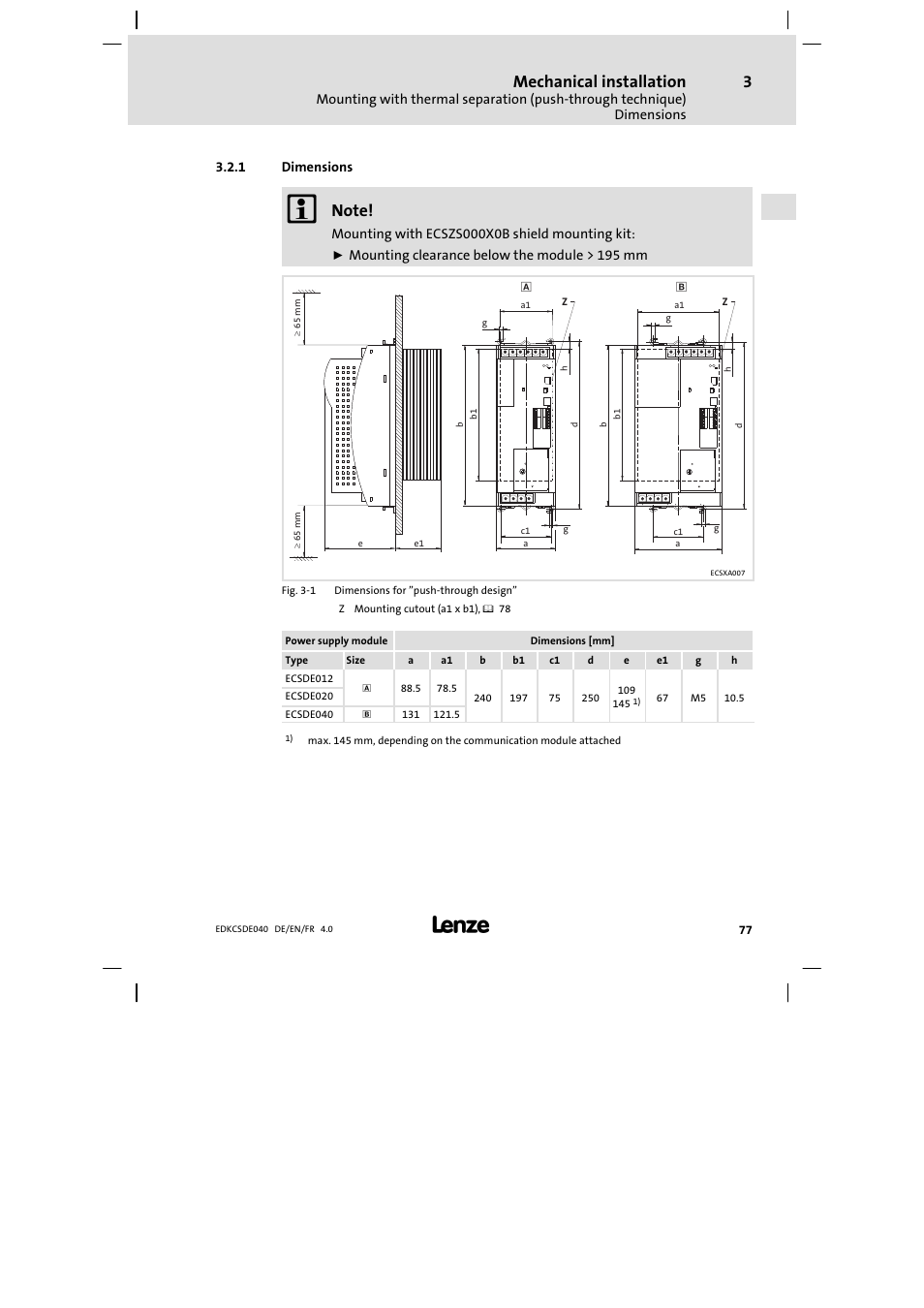 Dimensions, Mechanical installation | Lenze ECSDExxx User Manual | Page 77 / 170