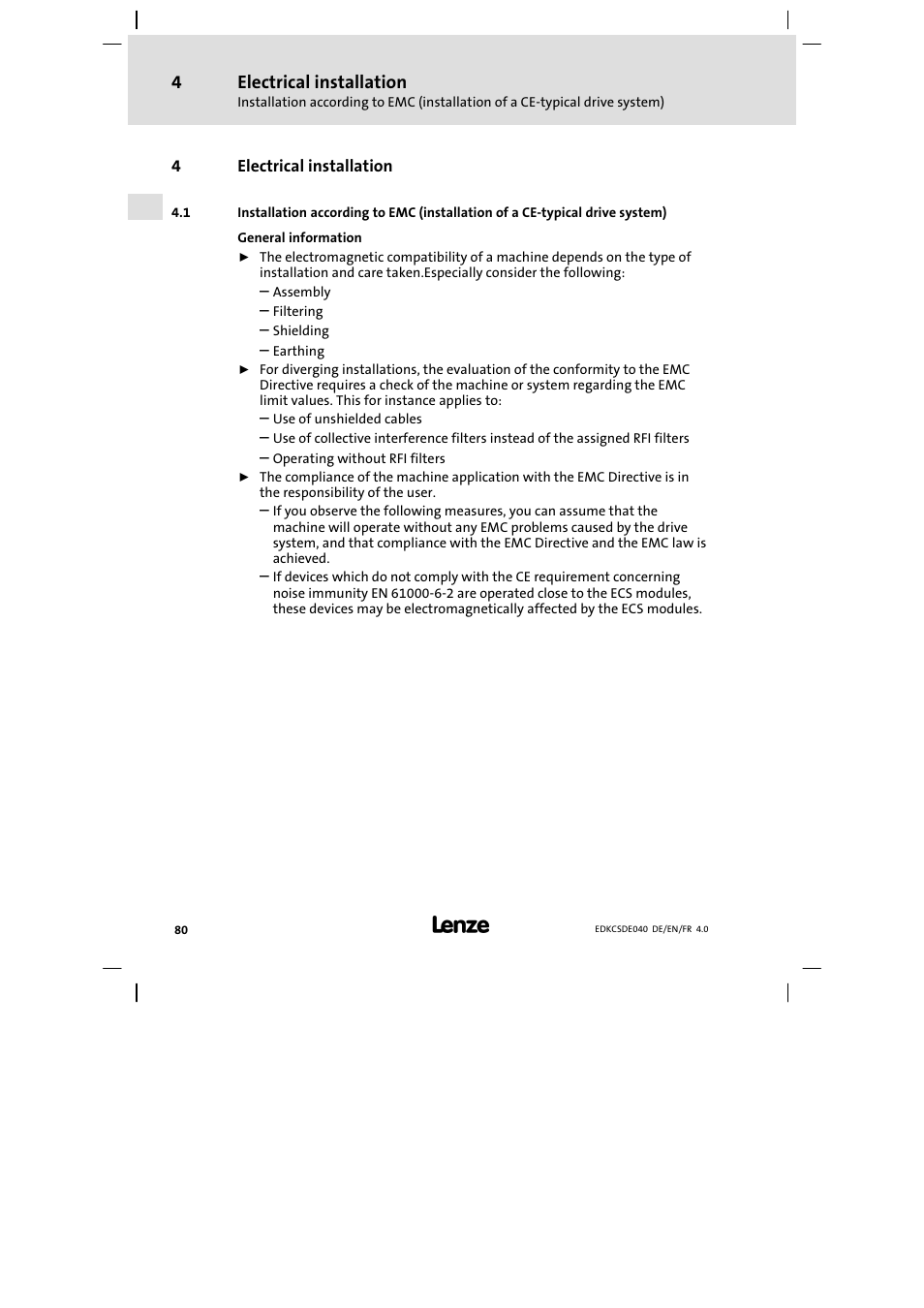 4 electrical installation, Electrical installation | Lenze ECSDExxx User Manual | Page 80 / 170