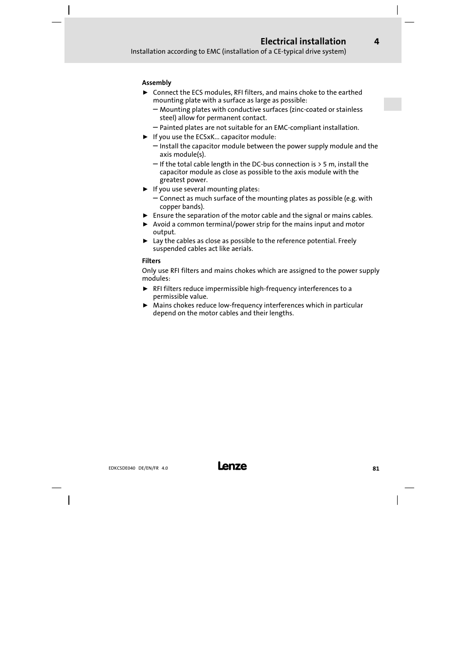 Electrical installation | Lenze ECSDExxx User Manual | Page 81 / 170