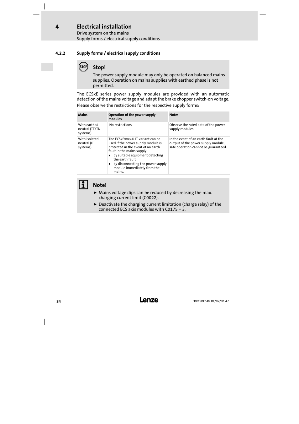 Supply forms / electrical supply conditions, Electrical installation | Lenze ECSDExxx User Manual | Page 84 / 170