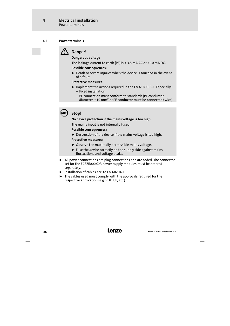 Power terminals | Lenze ECSDExxx User Manual | Page 86 / 170