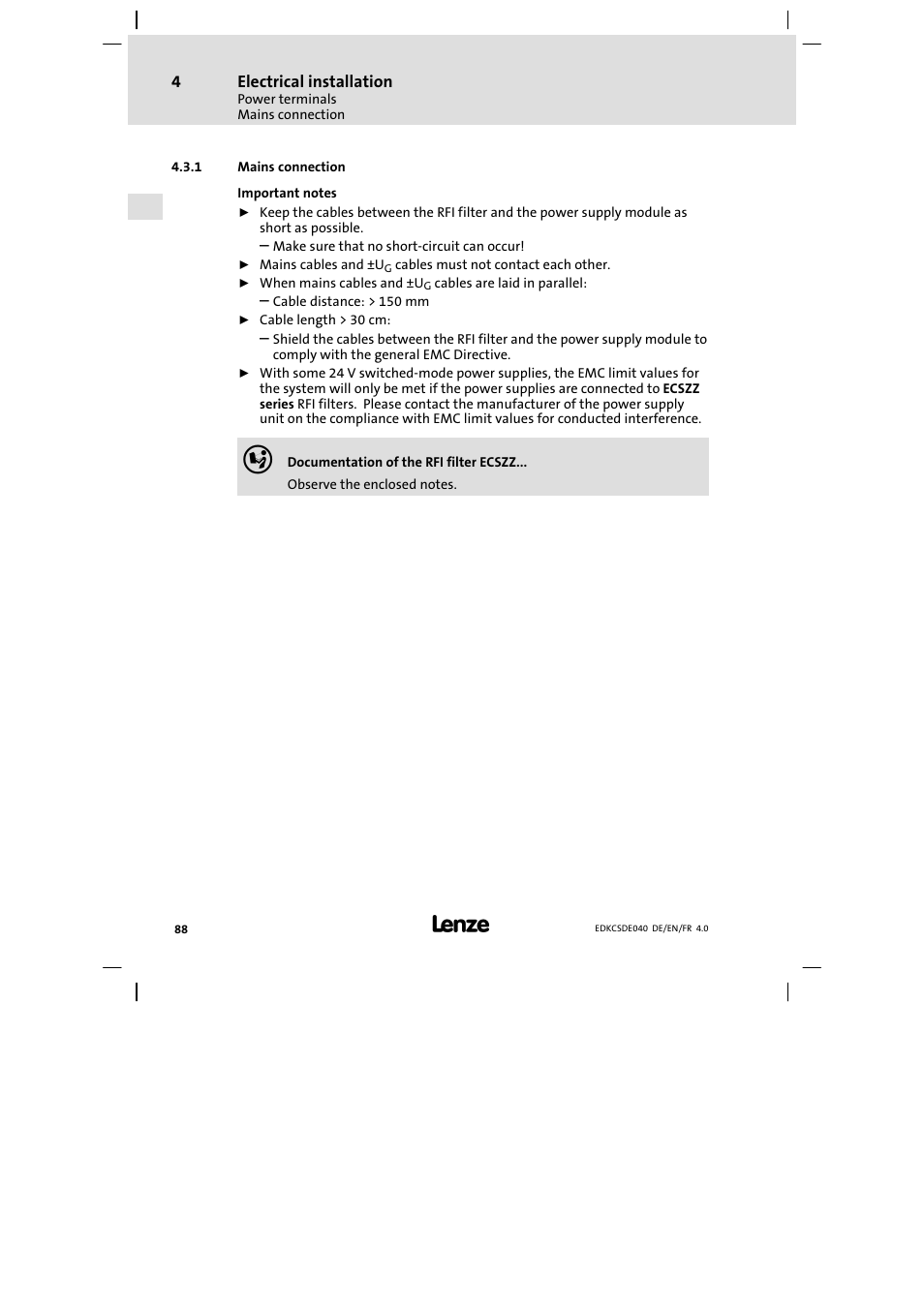 Mains connection | Lenze ECSDExxx User Manual | Page 88 / 170