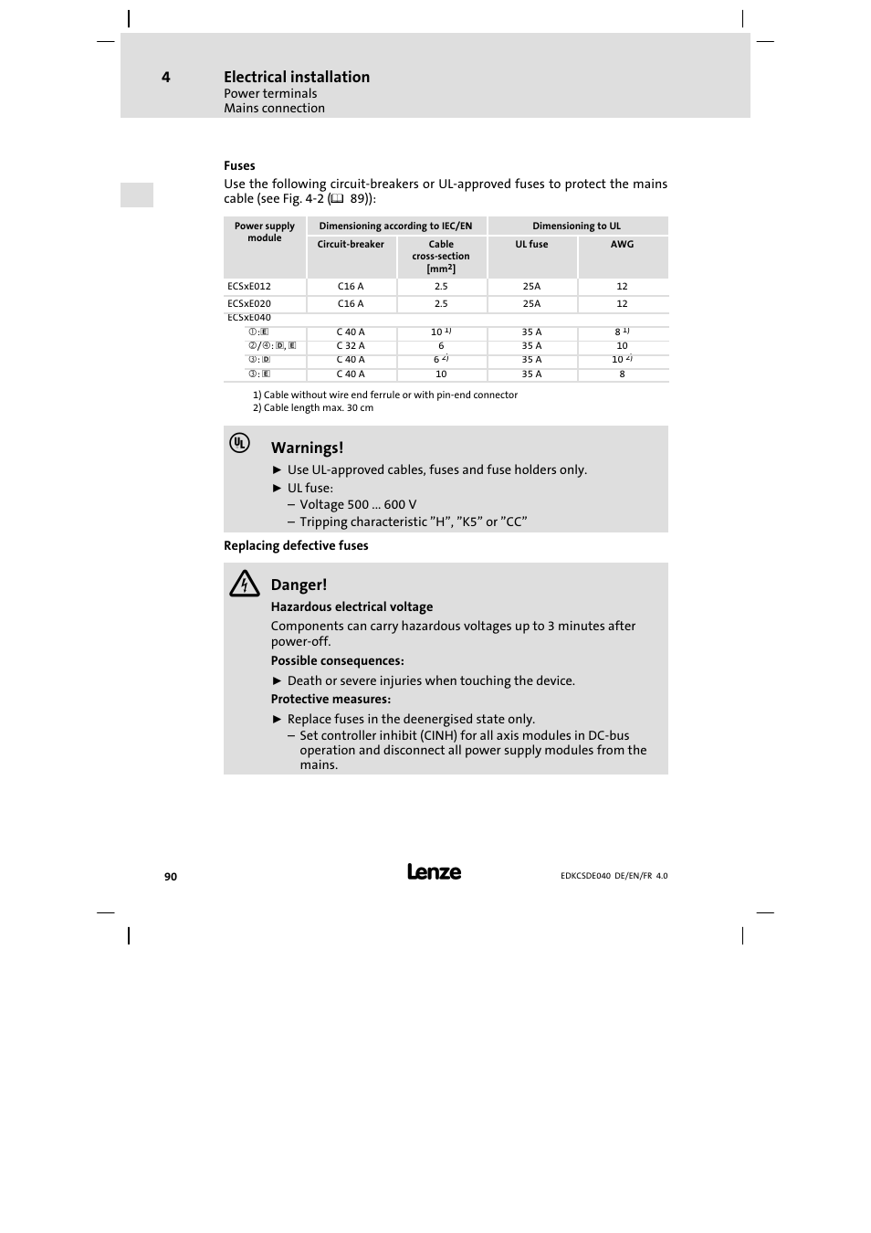 Electrical installation, Warnings, Danger | Lenze ECSDExxx User Manual | Page 90 / 170