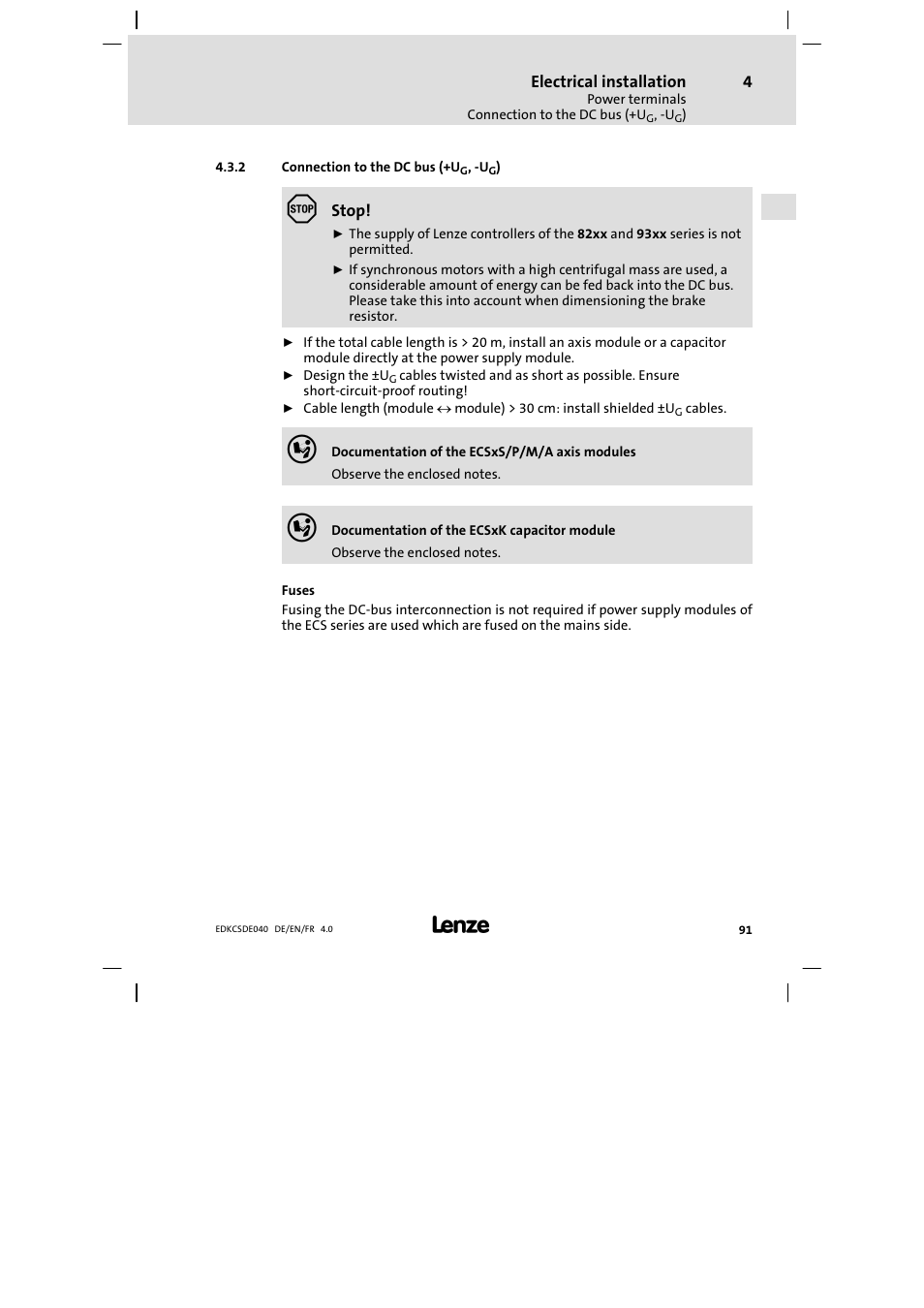 Connection to the dc bus (+ug, -ug), Connection to the dc bus (+ug, −ug) | Lenze ECSDExxx User Manual | Page 91 / 170