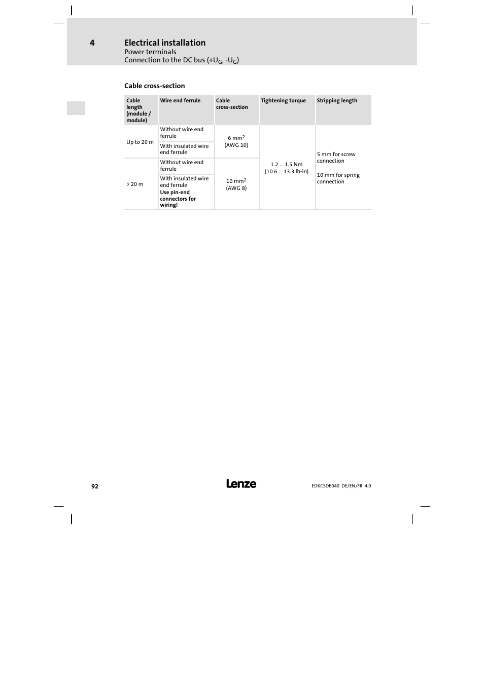 Electrical installation | Lenze ECSDExxx User Manual | Page 92 / 170