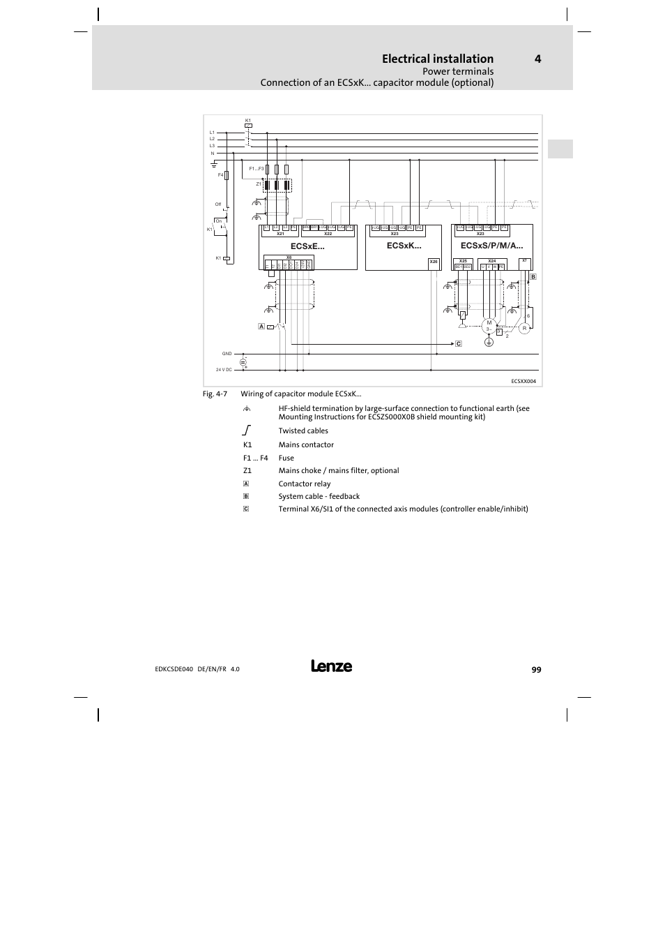 Electrical installation, Ecsxk, Ecsxe | Ecsxs/p/m/a | Lenze ECSDExxx User Manual | Page 99 / 170