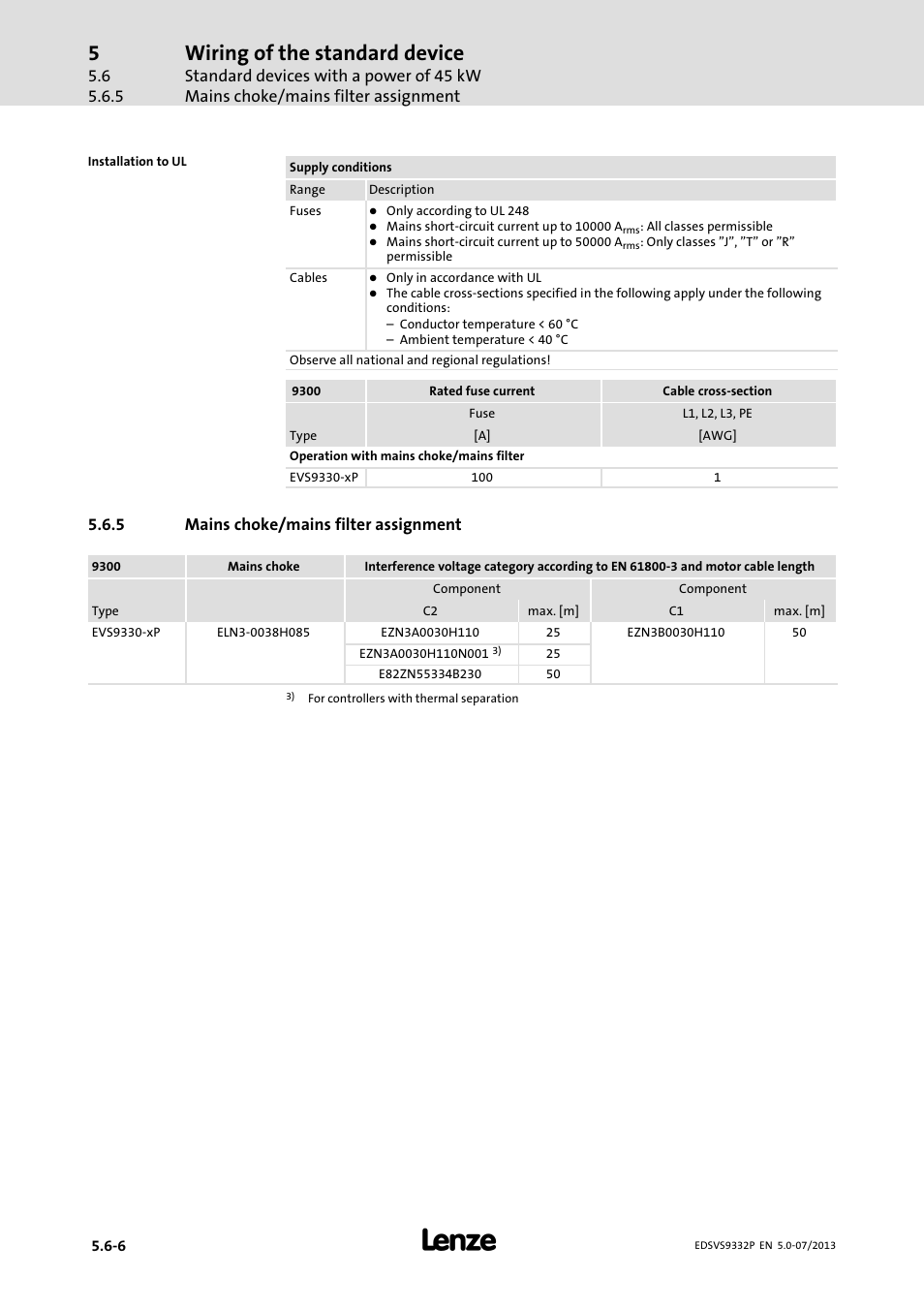 Mains choke/mains filter assignment, Wiring of the standard device, 5 mains choke/mains filter assignment | Lenze EVS9332xP User Manual | Page 122 / 445
