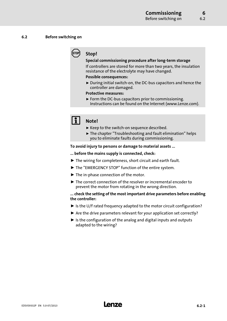 Before switching on, Commissioning | Lenze EVS9332xP User Manual | Page 161 / 445