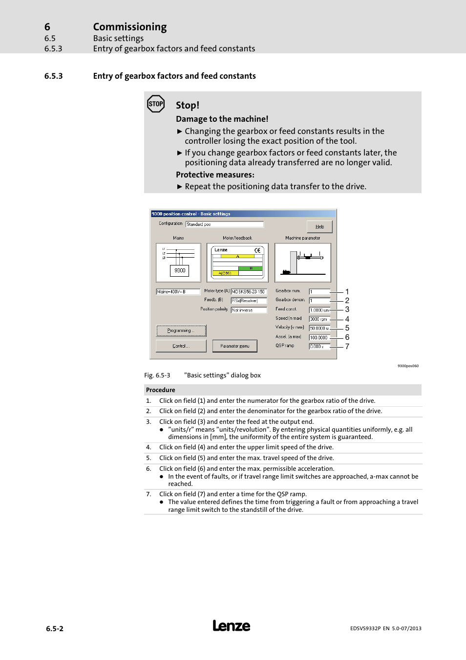 Entry of gearbox factors and feed constants, Commissioning, Stop | Lenze EVS9332xP User Manual | Page 170 / 445