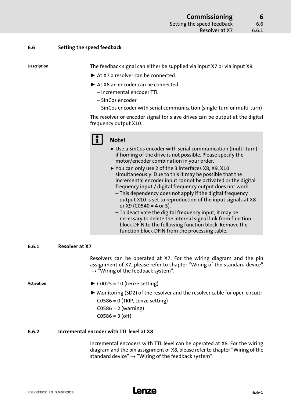 Setting the speed feedback, Resolver at x7, Incremental encoder with ttl level at x8 | Commissioning | Lenze EVS9332xP User Manual | Page 185 / 445