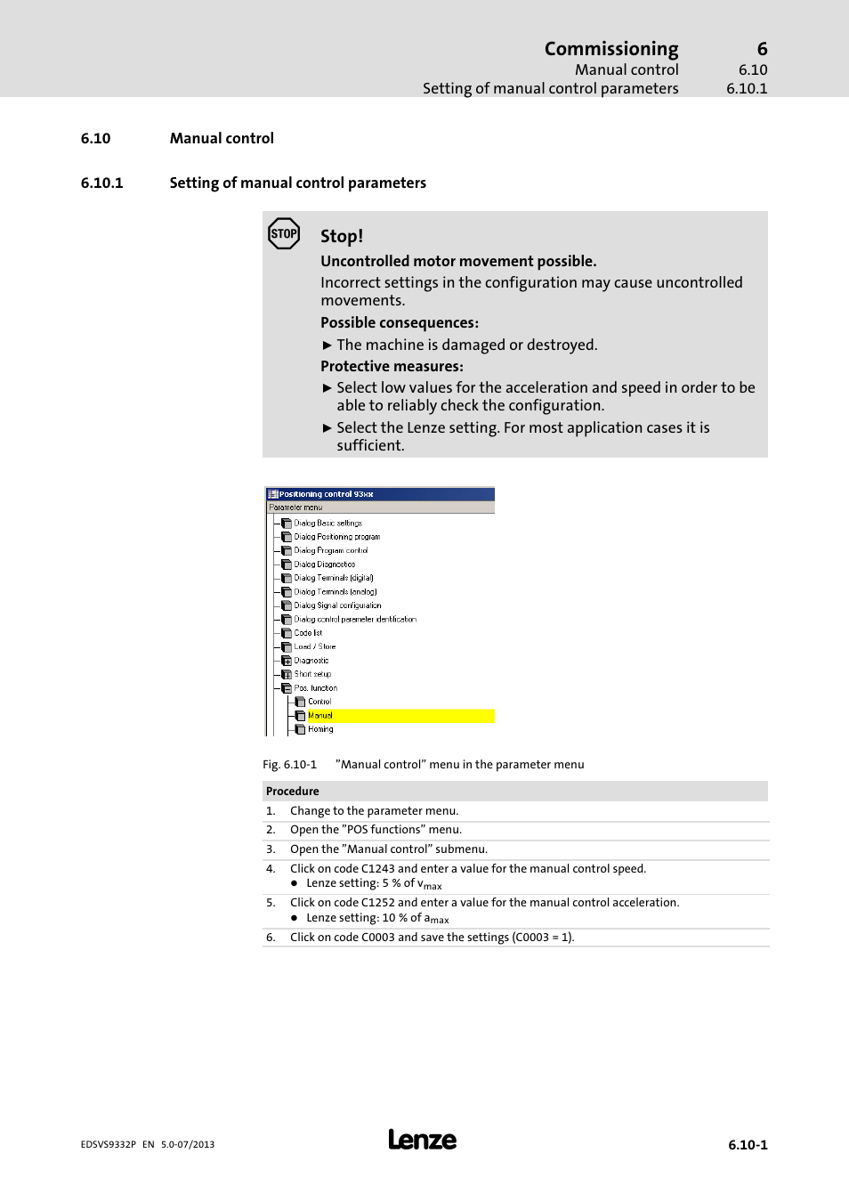 Manual control, Setting of manual control parameters, Commissioning | Stop | Lenze EVS9332xP User Manual | Page 201 / 445