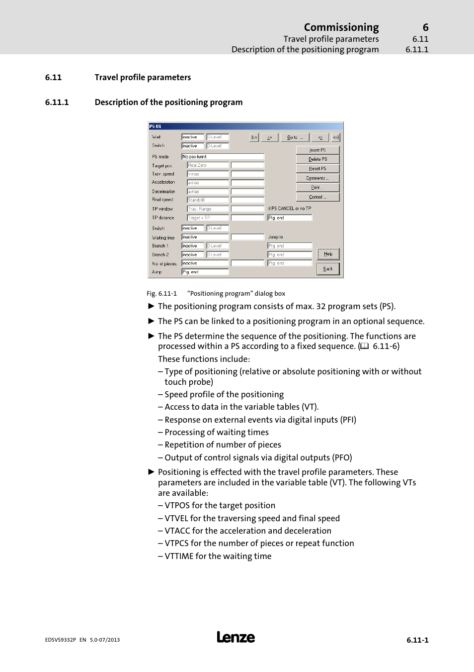 Travel profile parameters, Description of the positioning program, Structure of the travel profile | Commissioning | Lenze EVS9332xP User Manual | Page 205 / 445