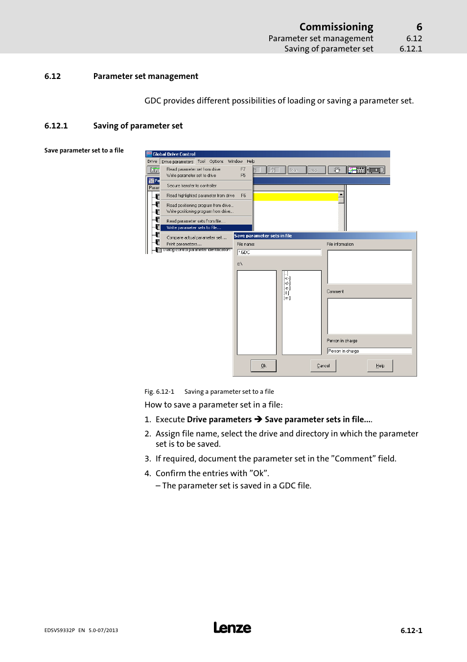 Parameter set management, Saving of parameter set, Commissioning | Lenze EVS9332xP User Manual | Page 213 / 445