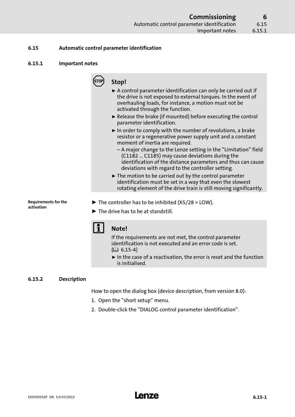 Automatic control parameter identification, Important notes, Description | Commissioning | Lenze EVS9332xP User Manual | Page 223 / 445