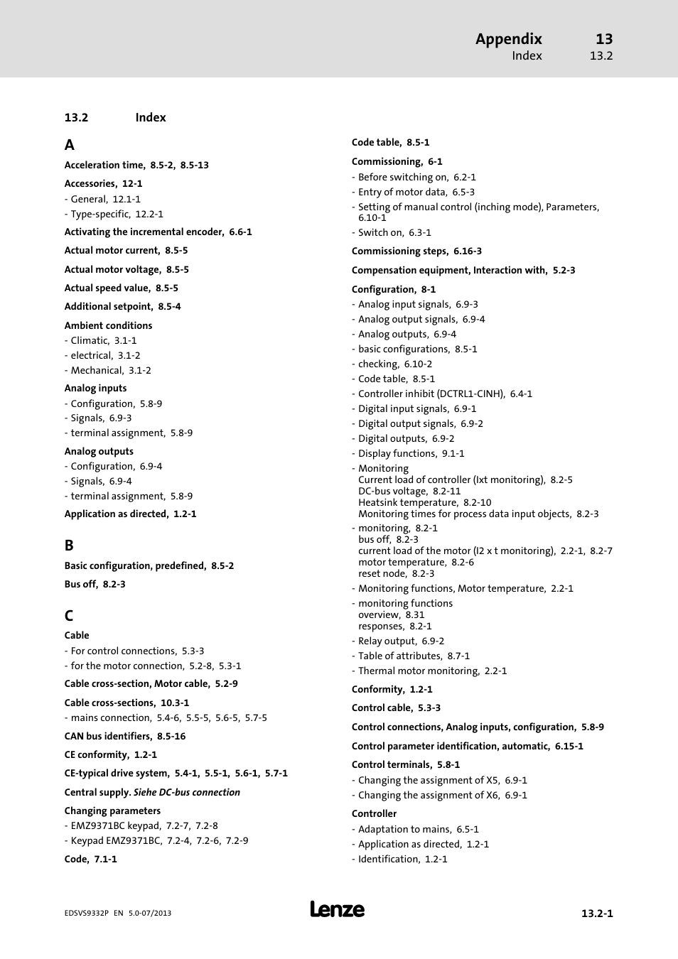 Index, Appendix | Lenze EVS9332xP User Manual | Page 439 / 445