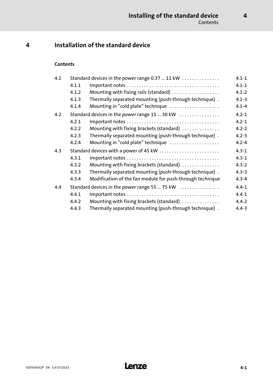 Installation of the standard device, Installing of the standard device, 4installation of the standard device | Lenze EVS9332xP User Manual | Page 47 / 445