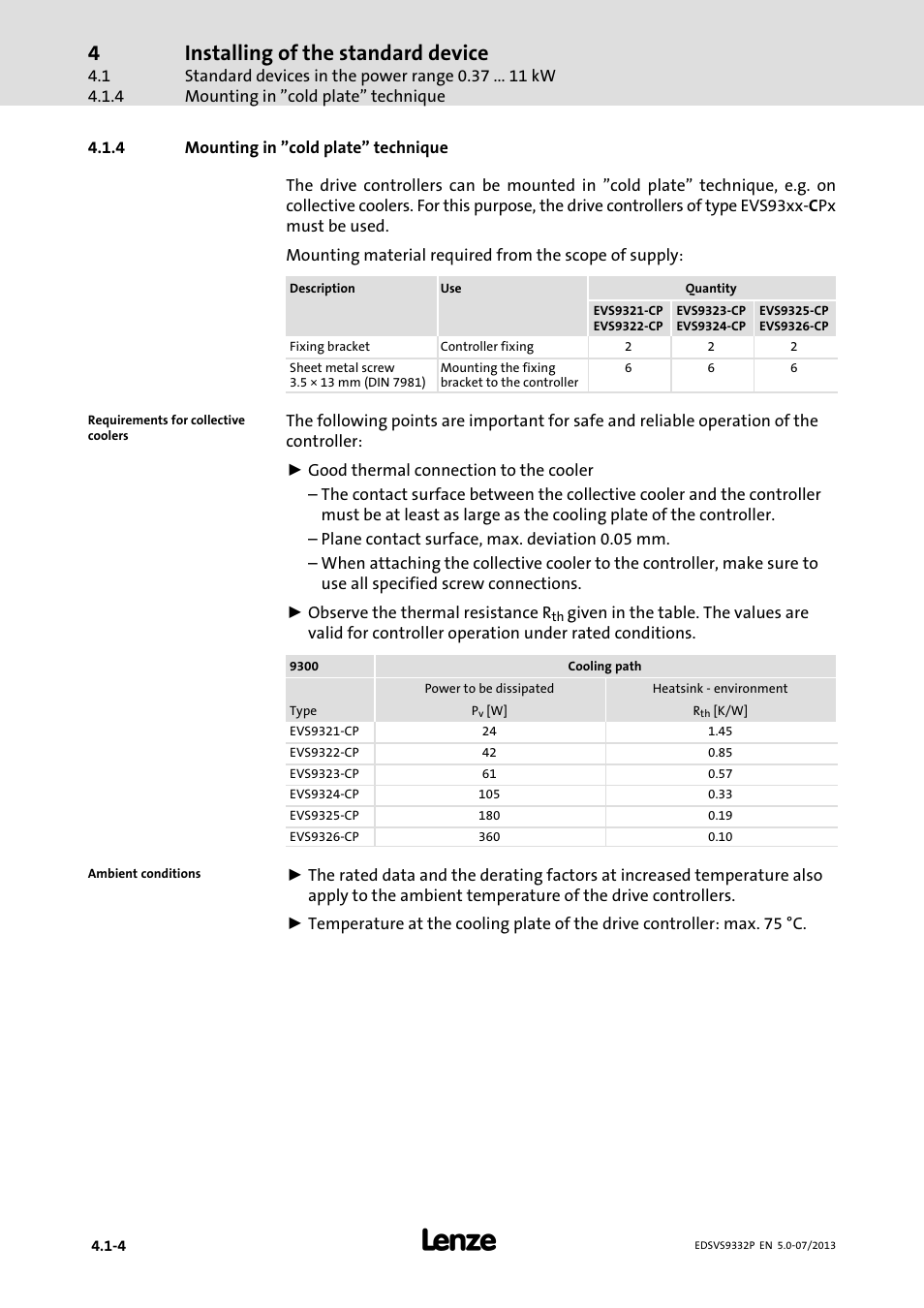 Mounting in "cold plate" technique, Installing of the standard device | Lenze EVS9332xP User Manual | Page 52 / 445