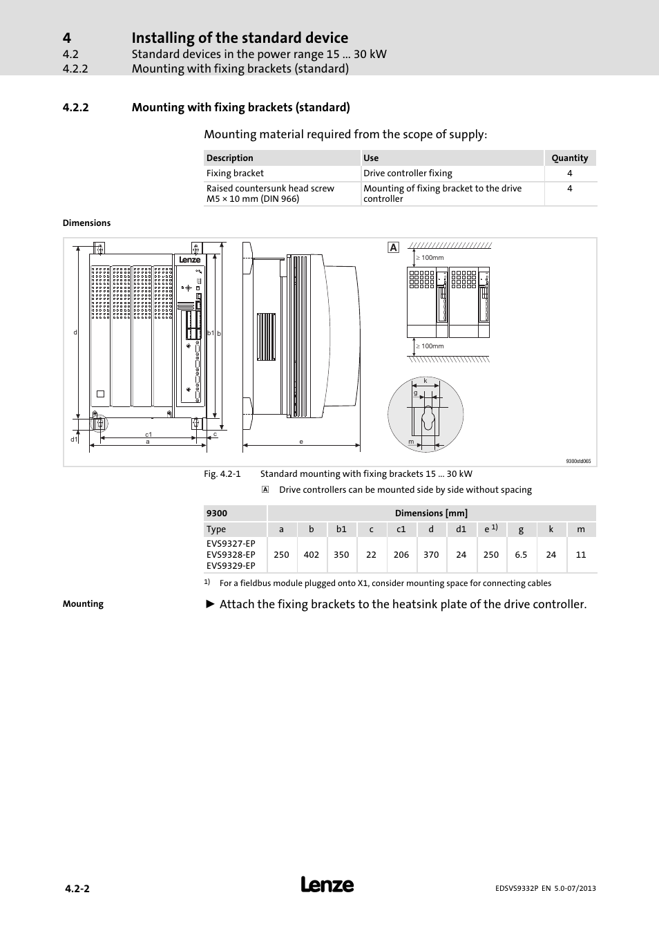 Mounting with fixing brackets (standard), Installing of the standard device | Lenze EVS9332xP User Manual | Page 56 / 445