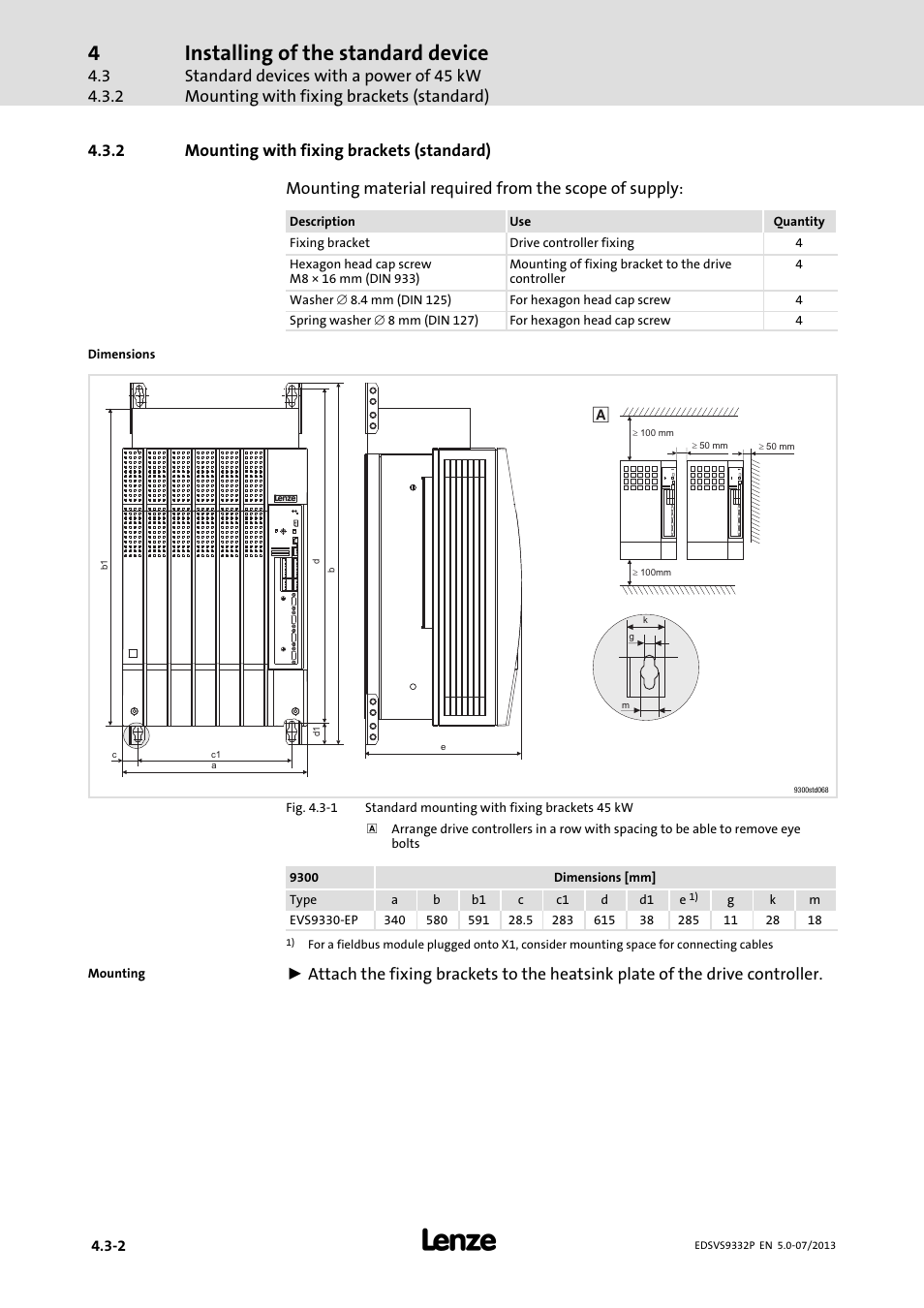 Mounting with fixing brackets (standard), Installing of the standard device | Lenze EVS9332xP User Manual | Page 62 / 445